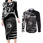 Personalised New Zealand Silver Fern Lacrosse Couples Matching Long Sleeve Bodycon Dress and Long Sleeve Button Shirt Aotearoa Maori Pattern