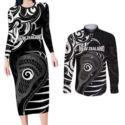 Personalised New Zealand Silver Fern Lacrosse Couples Matching Long Sleeve Bodycon Dress and Long Sleeve Button Shirt Aotearoa Maori Pattern