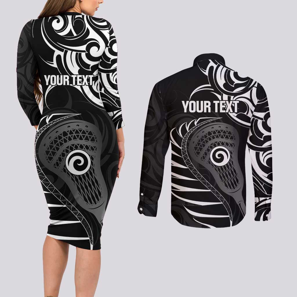Personalised New Zealand Silver Fern Lacrosse Couples Matching Long Sleeve Bodycon Dress and Long Sleeve Button Shirt Aotearoa Maori Pattern