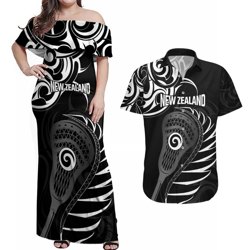Personalised New Zealand Silver Fern Lacrosse Couples Matching Off Shoulder Maxi Dress and Hawaiian Shirt Aotearoa Maori Pattern