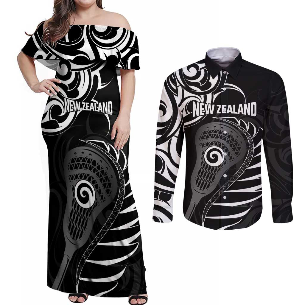 Personalised New Zealand Silver Fern Lacrosse Couples Matching Off Shoulder Maxi Dress and Long Sleeve Button Shirt Aotearoa Maori Pattern