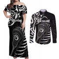 Personalised New Zealand Silver Fern Lacrosse Couples Matching Off Shoulder Maxi Dress and Long Sleeve Button Shirt Aotearoa Maori Pattern