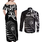 Personalised New Zealand Silver Fern Lacrosse Couples Matching Off Shoulder Maxi Dress and Long Sleeve Button Shirt Aotearoa Maori Pattern