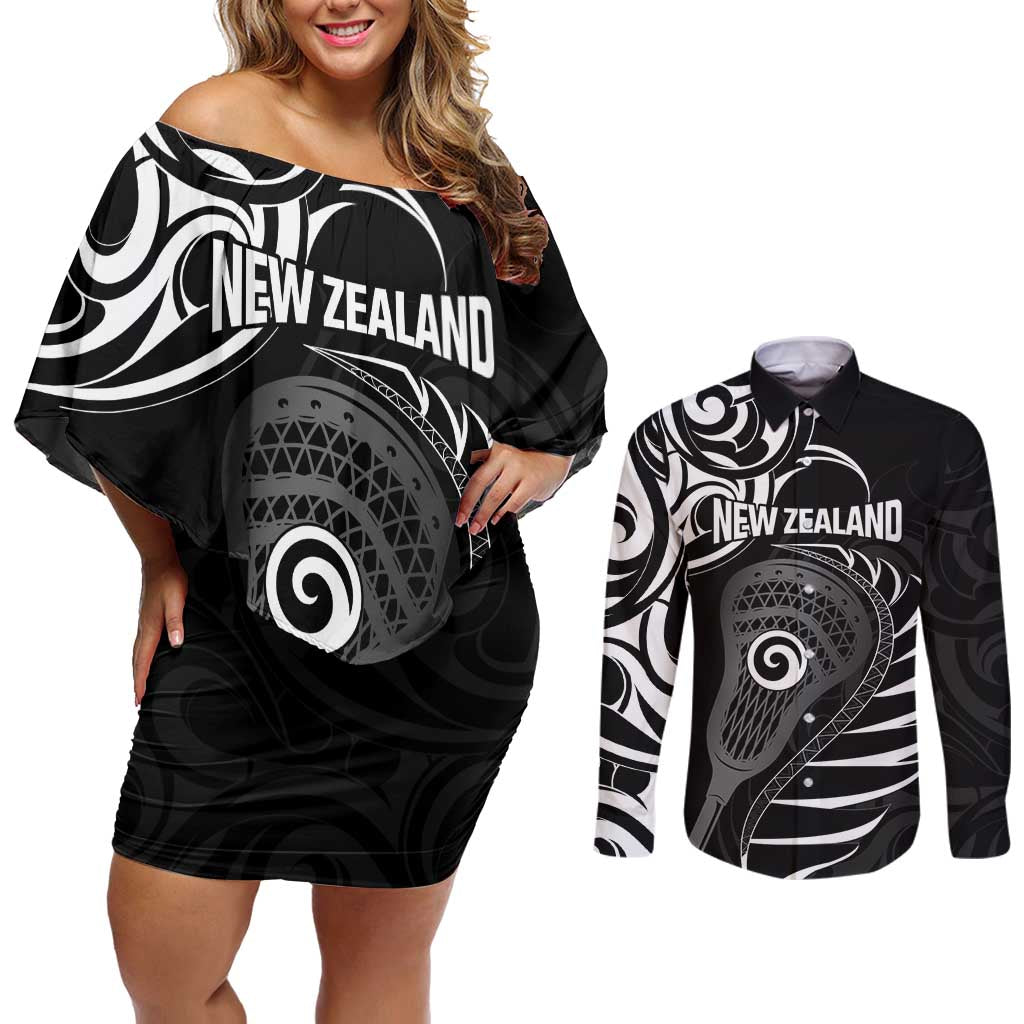 Personalised New Zealand Silver Fern Lacrosse Couples Matching Off Shoulder Short Dress and Long Sleeve Button Shirt Aotearoa Maori Pattern