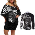 Personalised New Zealand Silver Fern Lacrosse Couples Matching Off Shoulder Short Dress and Long Sleeve Button Shirt Aotearoa Maori Pattern