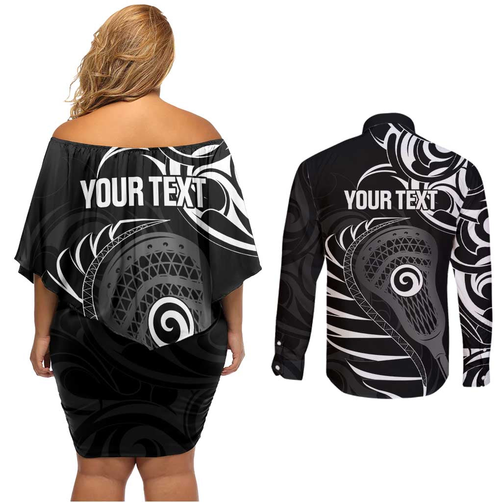 Personalised New Zealand Silver Fern Lacrosse Couples Matching Off Shoulder Short Dress and Long Sleeve Button Shirt Aotearoa Maori Pattern