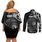 Personalised New Zealand Silver Fern Lacrosse Couples Matching Off Shoulder Short Dress and Long Sleeve Button Shirt Aotearoa Maori Pattern