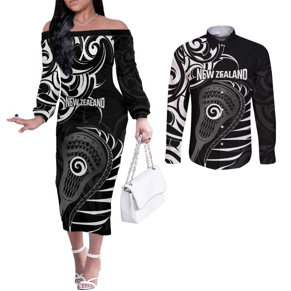 Personalised New Zealand Silver Fern Lacrosse Couples Matching Off The Shoulder Long Sleeve Dress and Long Sleeve Button Shirt Aotearoa Maori Pattern
