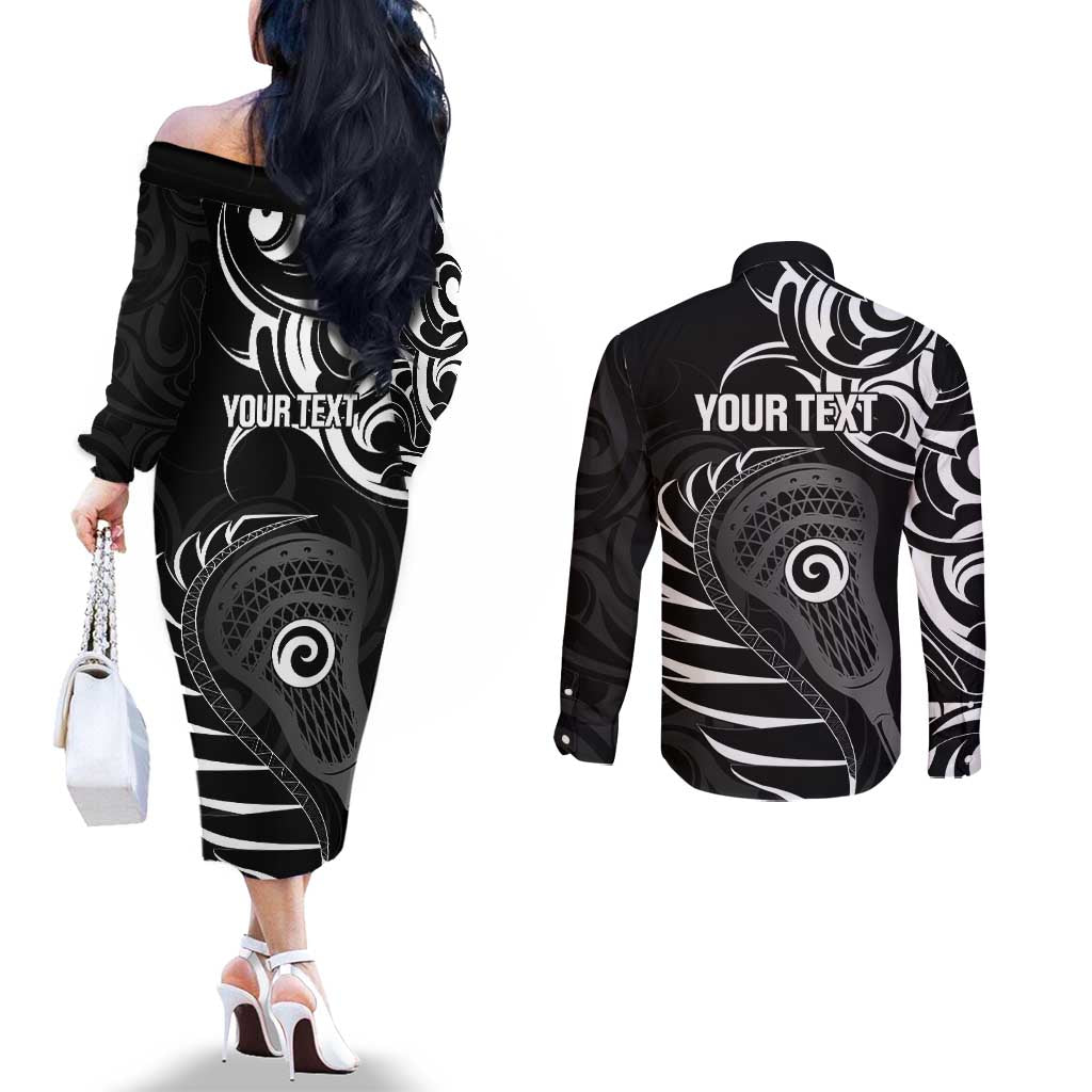Personalised New Zealand Silver Fern Lacrosse Couples Matching Off The Shoulder Long Sleeve Dress and Long Sleeve Button Shirt Aotearoa Maori Pattern