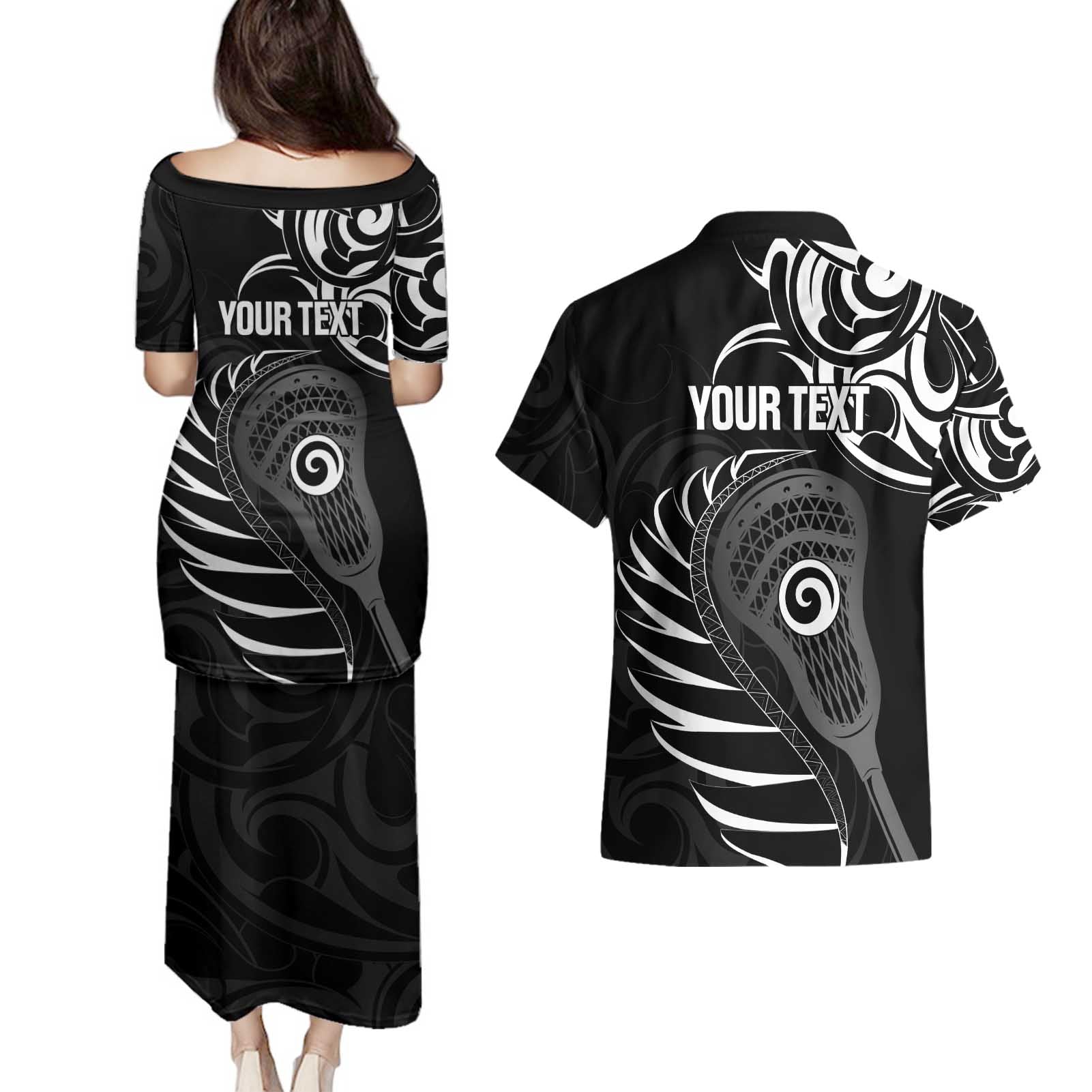 Personalised New Zealand Silver Fern Lacrosse Couples Matching Puletasi and Hawaiian Shirt Aotearoa Maori Pattern