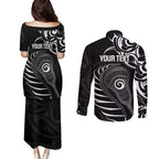 Personalised New Zealand Silver Fern Lacrosse Couples Matching Puletasi and Long Sleeve Button Shirt Aotearoa Maori Pattern