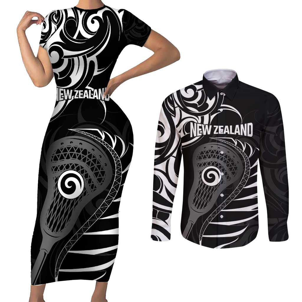 Personalised New Zealand Silver Fern Lacrosse Couples Matching Short Sleeve Bodycon Dress and Long Sleeve Button Shirt Aotearoa Maori Pattern