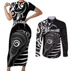 Personalised New Zealand Silver Fern Lacrosse Couples Matching Short Sleeve Bodycon Dress and Long Sleeve Button Shirt Aotearoa Maori Pattern