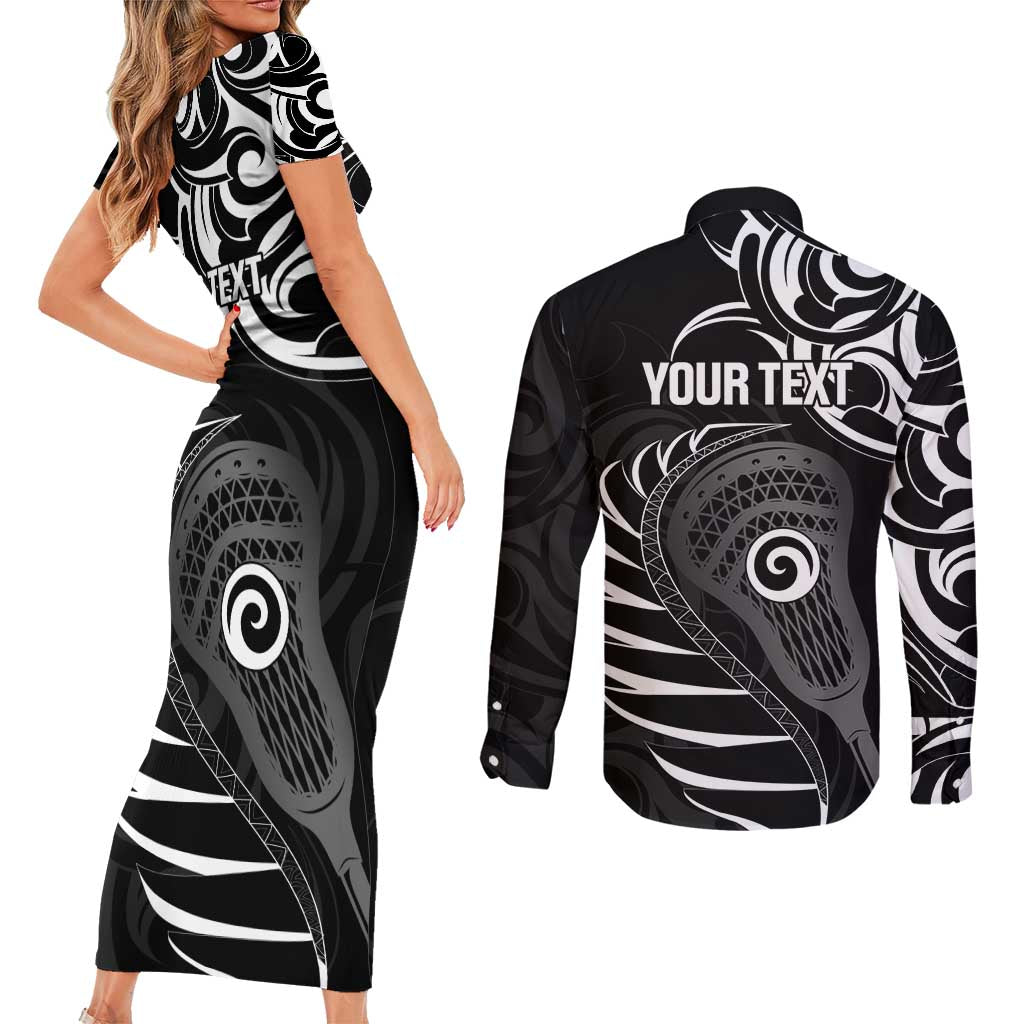 Personalised New Zealand Silver Fern Lacrosse Couples Matching Short Sleeve Bodycon Dress and Long Sleeve Button Shirt Aotearoa Maori Pattern
