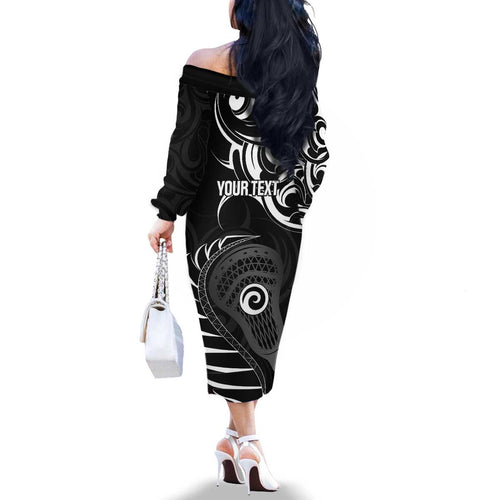 Personalised New Zealand Silver Fern Lacrosse Family Matching Off The Shoulder Long Sleeve Dress and Hawaiian Shirt Aotearoa Maori Pattern