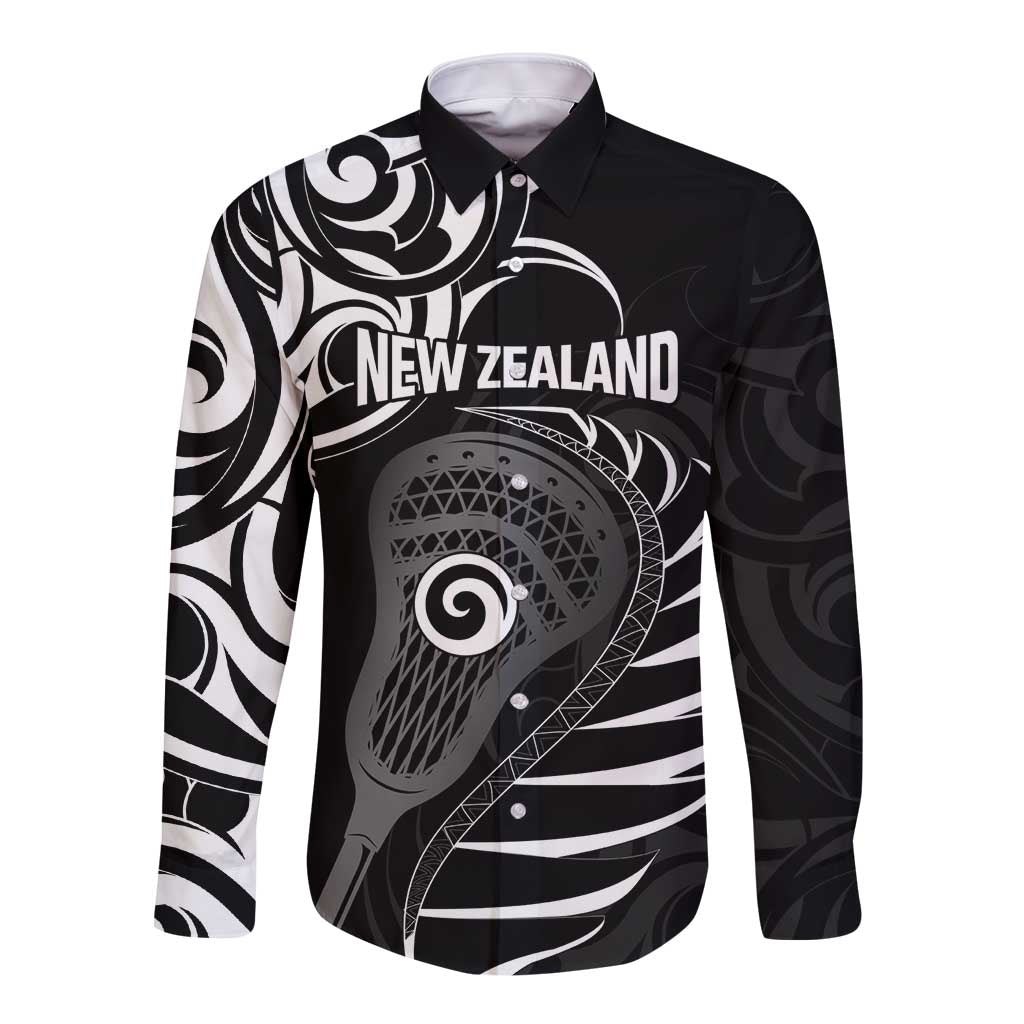 Personalised New Zealand Silver Fern Lacrosse Long Sleeve Button Shirt Aotearoa Maori Pattern