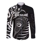 Personalised New Zealand Silver Fern Lacrosse Long Sleeve Button Shirt Aotearoa Maori Pattern
