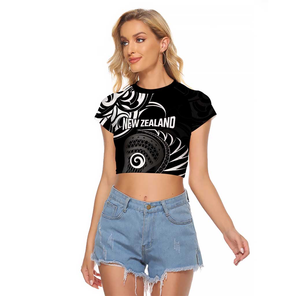 Personalised New Zealand Silver Fern Lacrosse Raglan Cropped T Shirt Aotearoa Maori Pattern