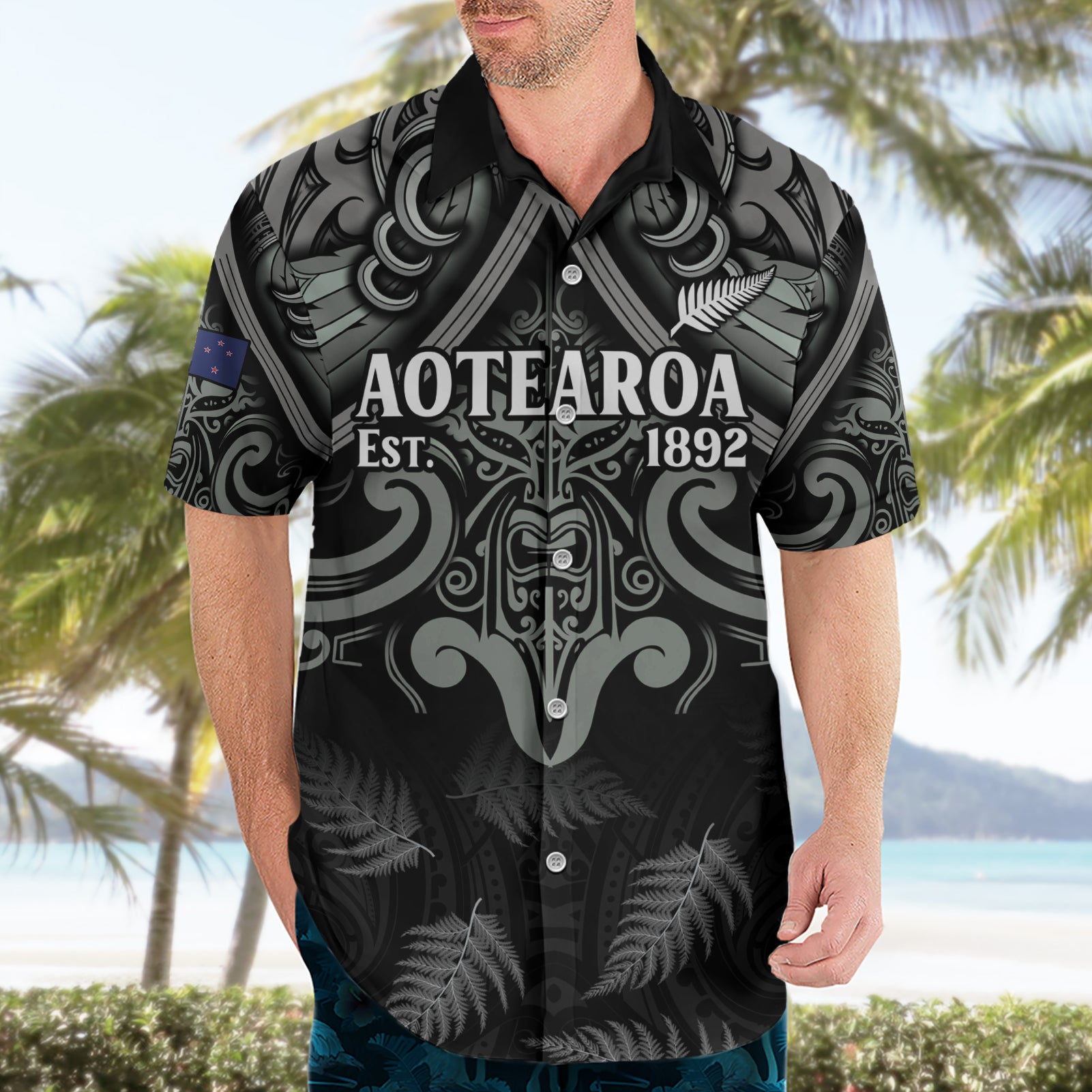 Custom New Zealand Silver Fern Rugby Hawaiian Shirt All Black Since 1892 Aotearoa Moko Maori
