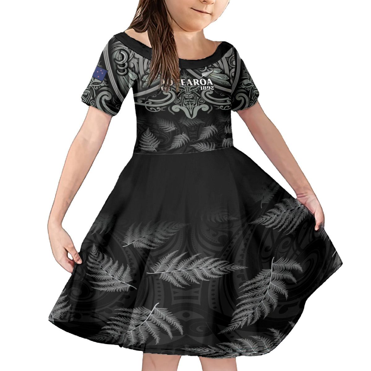 Custom New Zealand Silver Fern Rugby Kid Short Sleeve Dress All Black Since 1892 Aotearoa Moko Maori