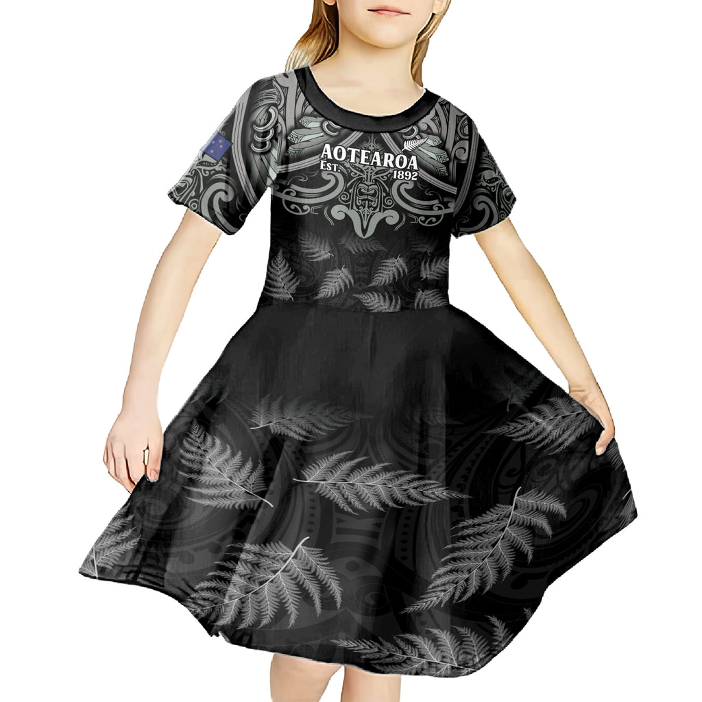 Custom New Zealand Silver Fern Rugby Kid Short Sleeve Dress All Black Since 1892 Aotearoa Moko Maori