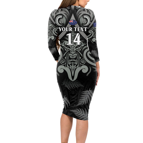 Custom New Zealand Silver Fern Rugby Long Sleeve Bodycon Dress All Black Since 1892 Aotearoa Moko Maori