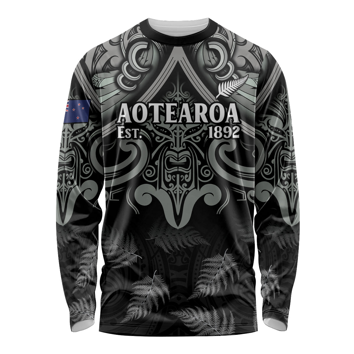 Custom New Zealand Silver Fern Rugby Long Sleeve Shirt All Black Since 1892 Aotearoa Moko Maori