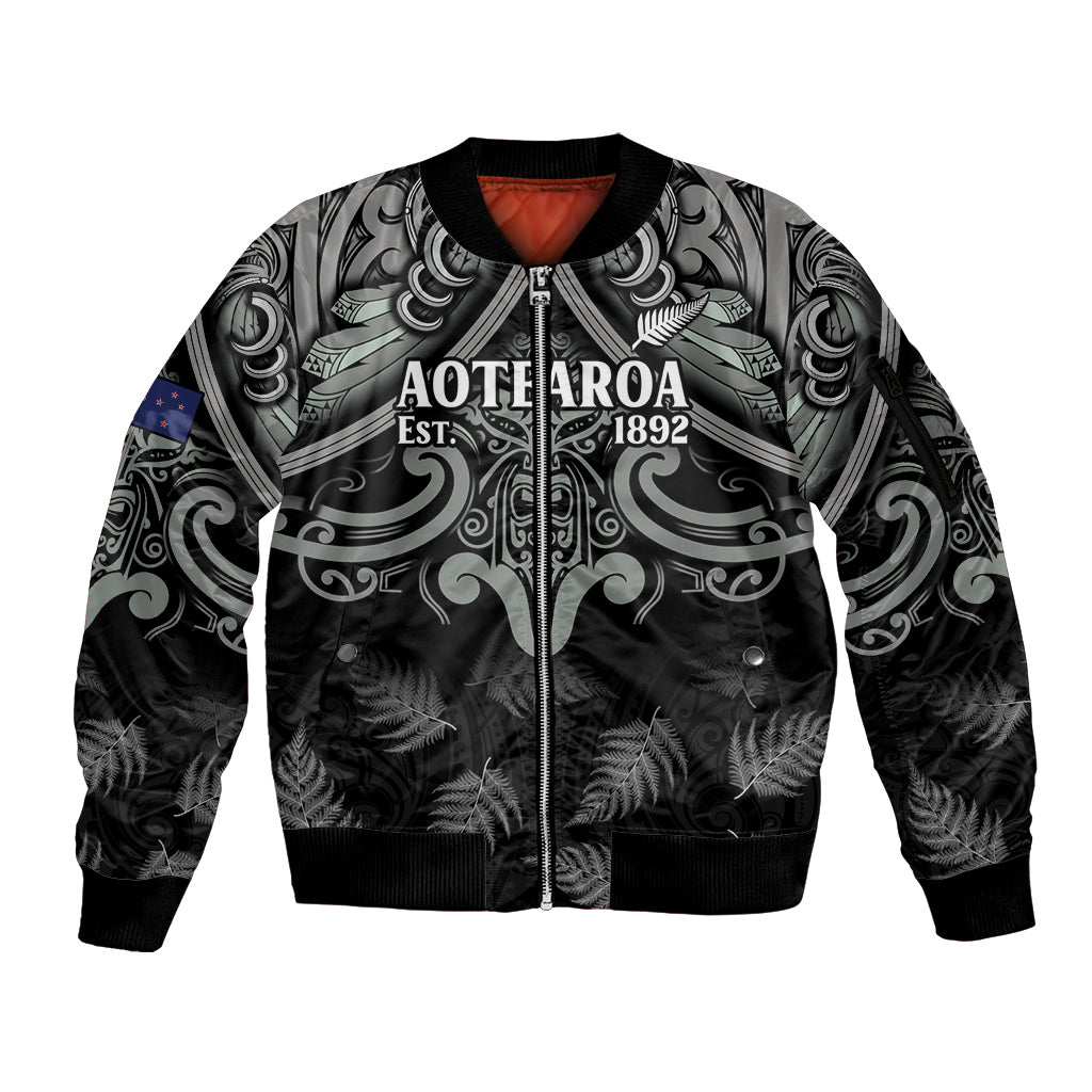 Custom New Zealand Silver Fern Rugby Sleeve Zip Bomber Jacket All Black Since 1892 Aotearoa Moko Maori