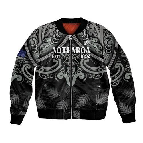 Custom New Zealand Silver Fern Rugby Sleeve Zip Bomber Jacket All Black Since 1892 Aotearoa Moko Maori