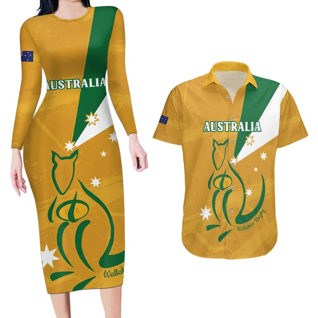 Custom Australia Rugby Couples Matching Long Sleeve Bodycon Dress and Hawaiian Shirt 2024 Wallabies Grunge Style