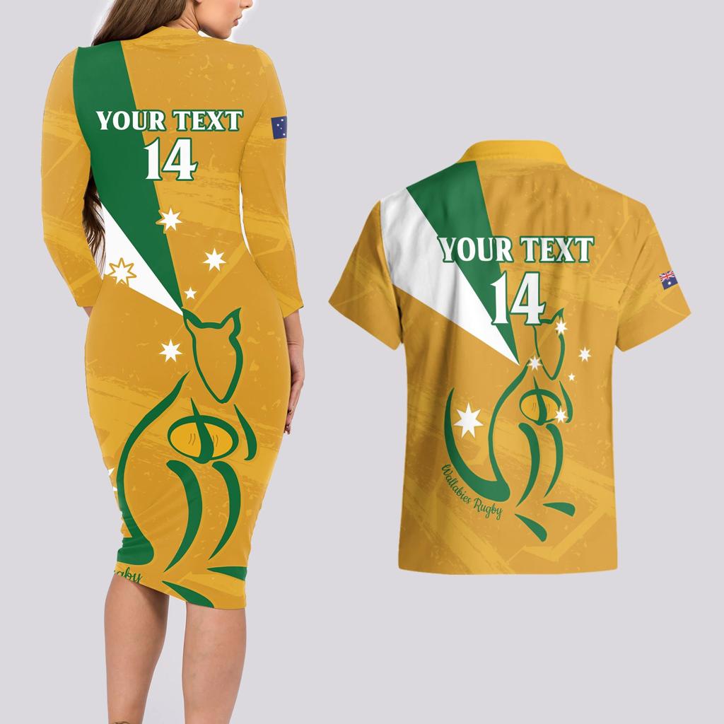 Custom Australia Rugby Couples Matching Long Sleeve Bodycon Dress and Hawaiian Shirt 2024 Wallabies Grunge Style
