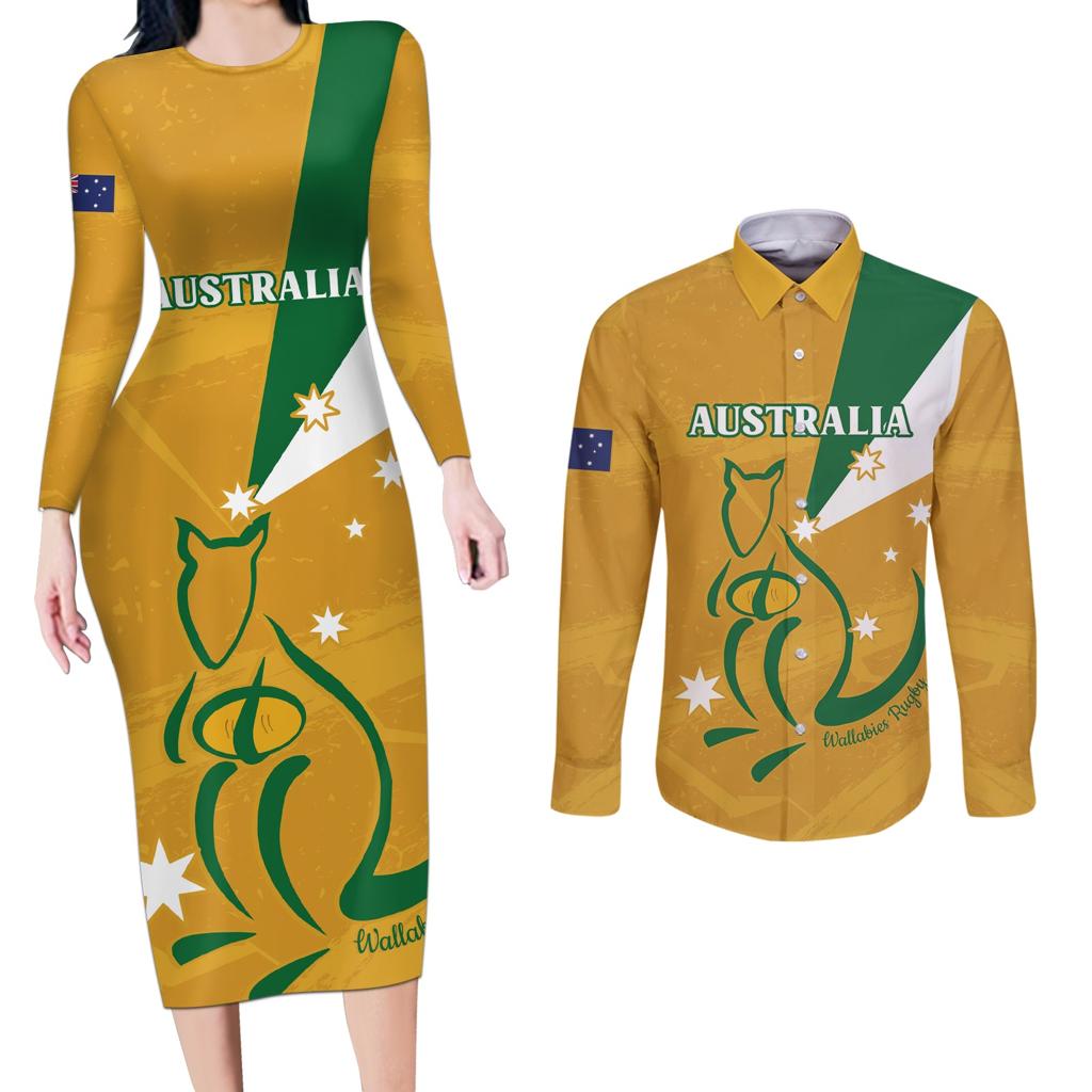 Custom Australia Rugby Couples Matching Long Sleeve Bodycon Dress and Long Sleeve Button Shirt 2024 Wallabies Grunge Style