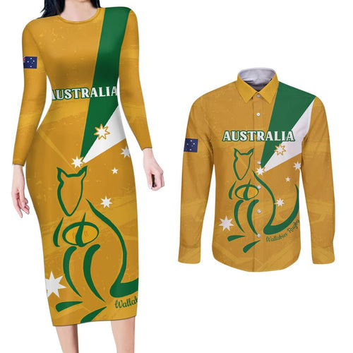 Custom Australia Rugby Couples Matching Long Sleeve Bodycon Dress and Long Sleeve Button Shirt 2024 Wallabies Grunge Style