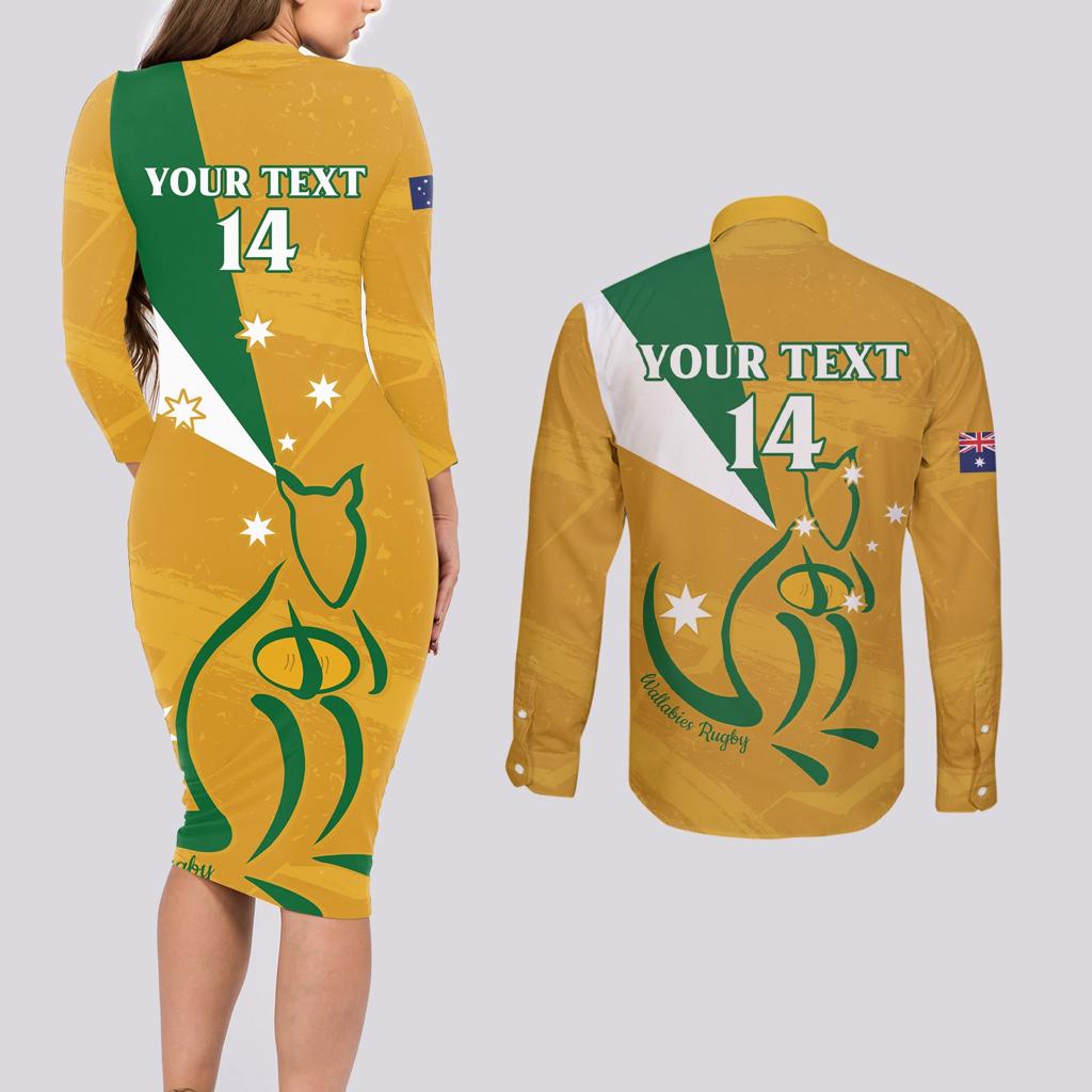 Custom Australia Rugby Couples Matching Long Sleeve Bodycon Dress and Long Sleeve Button Shirt 2024 Wallabies Grunge Style