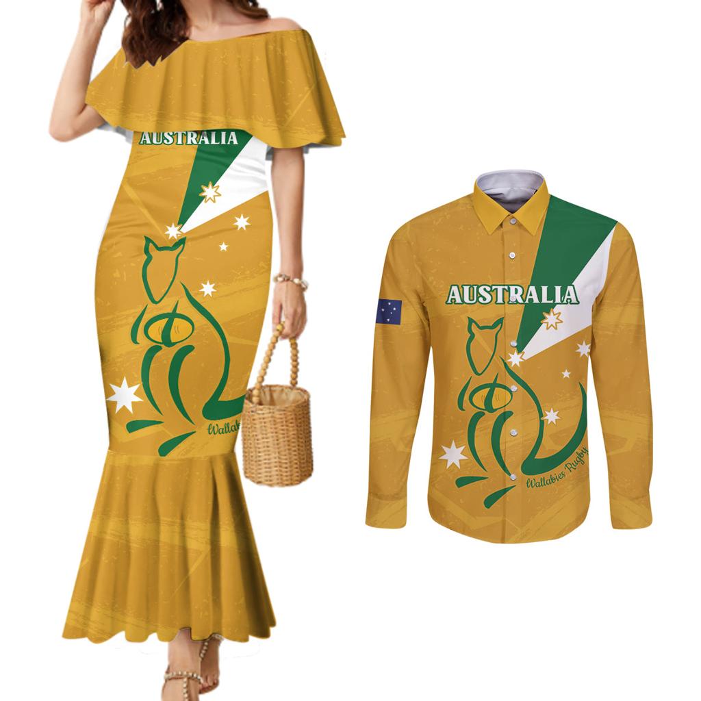 Custom Australia Rugby Couples Matching Mermaid Dress and Long Sleeve Button Shirt 2024 Wallabies Grunge Style