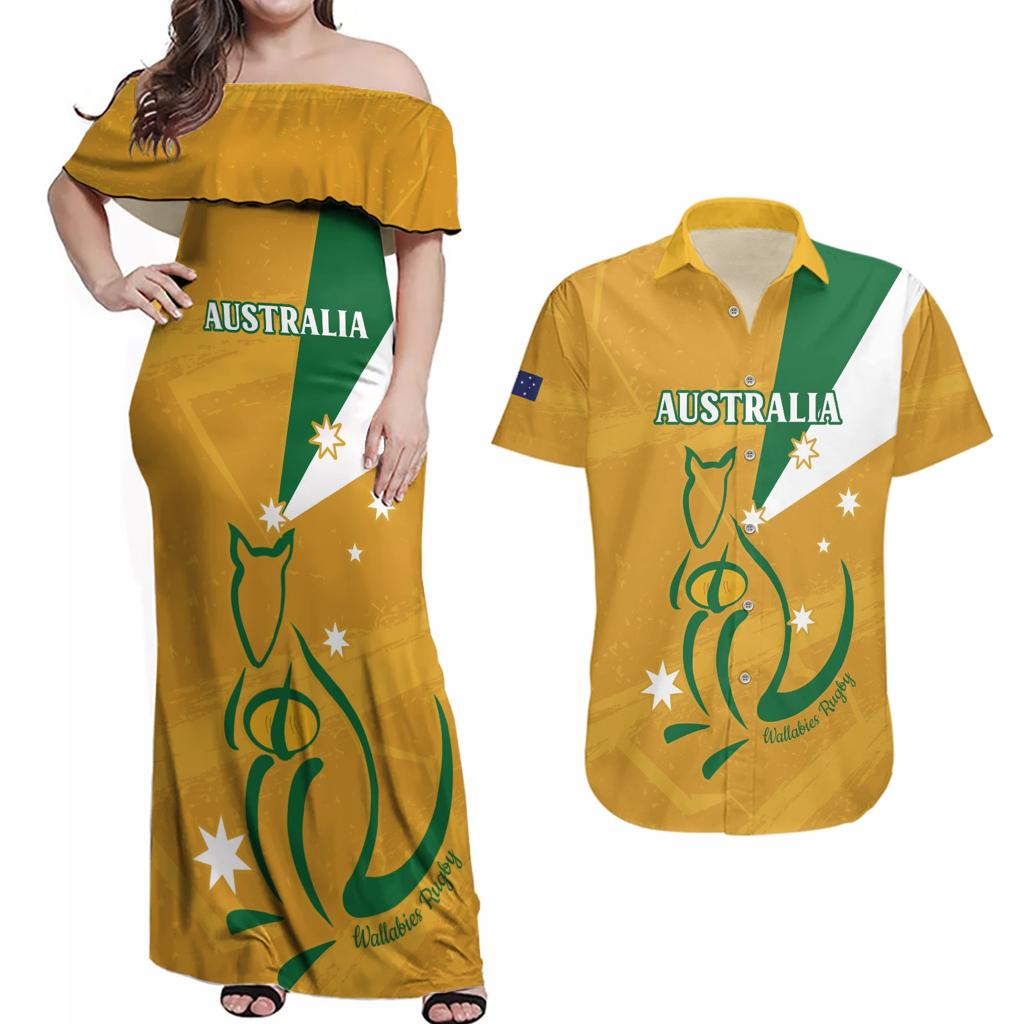 Custom Australia Rugby Couples Matching Off Shoulder Maxi Dress and Hawaiian Shirt 2024 Wallabies Grunge Style