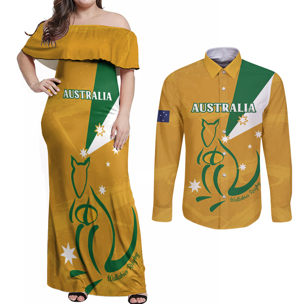 Custom Australia Rugby Couples Matching Off Shoulder Maxi Dress and Long Sleeve Button Shirt 2024 Wallabies Grunge Style
