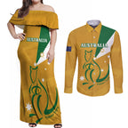 Custom Australia Rugby Couples Matching Off Shoulder Maxi Dress and Long Sleeve Button Shirt 2024 Wallabies Grunge Style