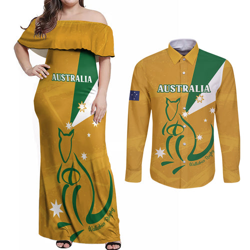 Custom Australia Rugby Couples Matching Off Shoulder Maxi Dress and Long Sleeve Button Shirt 2024 Wallabies Grunge Style