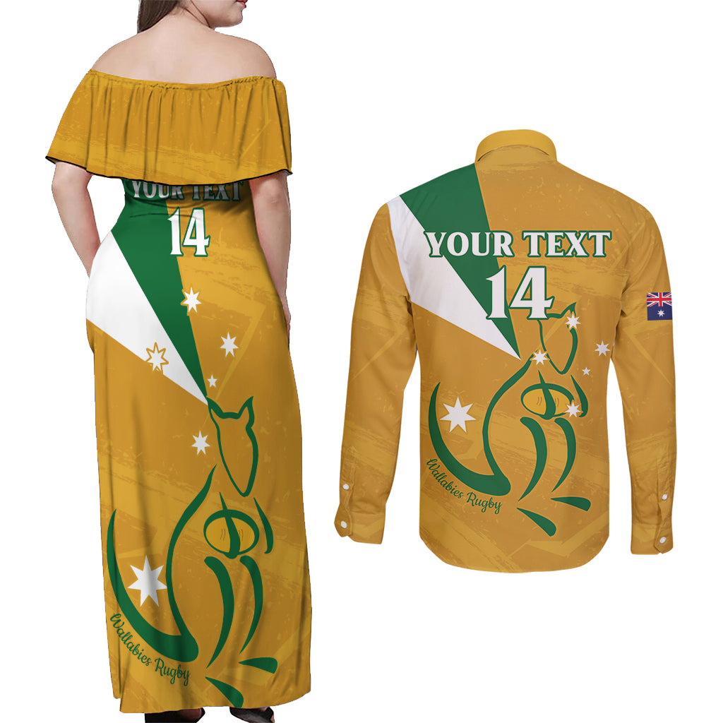 Custom Australia Rugby Couples Matching Off Shoulder Maxi Dress and Long Sleeve Button Shirt 2024 Wallabies Grunge Style