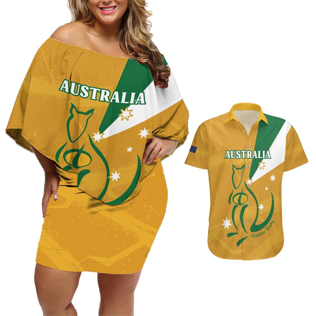 Custom Australia Rugby Couples Matching Off Shoulder Short Dress and Hawaiian Shirt 2024 Wallabies Grunge Style