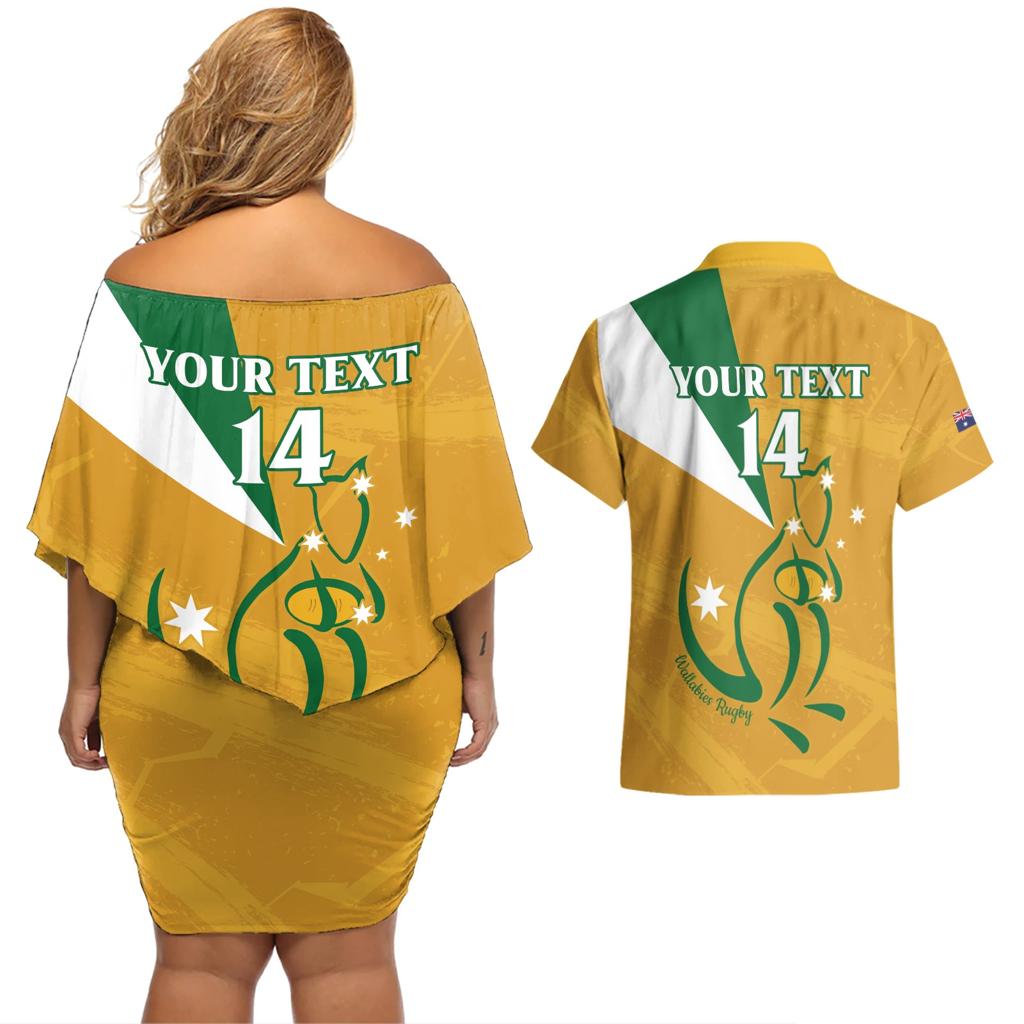 Custom Australia Rugby Couples Matching Off Shoulder Short Dress and Hawaiian Shirt 2024 Wallabies Grunge Style