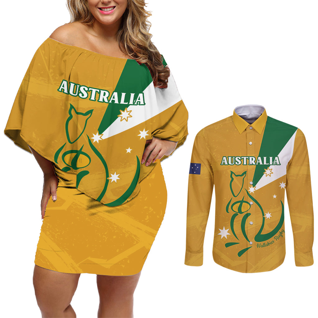 Custom Australia Rugby Couples Matching Off Shoulder Short Dress and Long Sleeve Button Shirt 2024 Wallabies Grunge Style