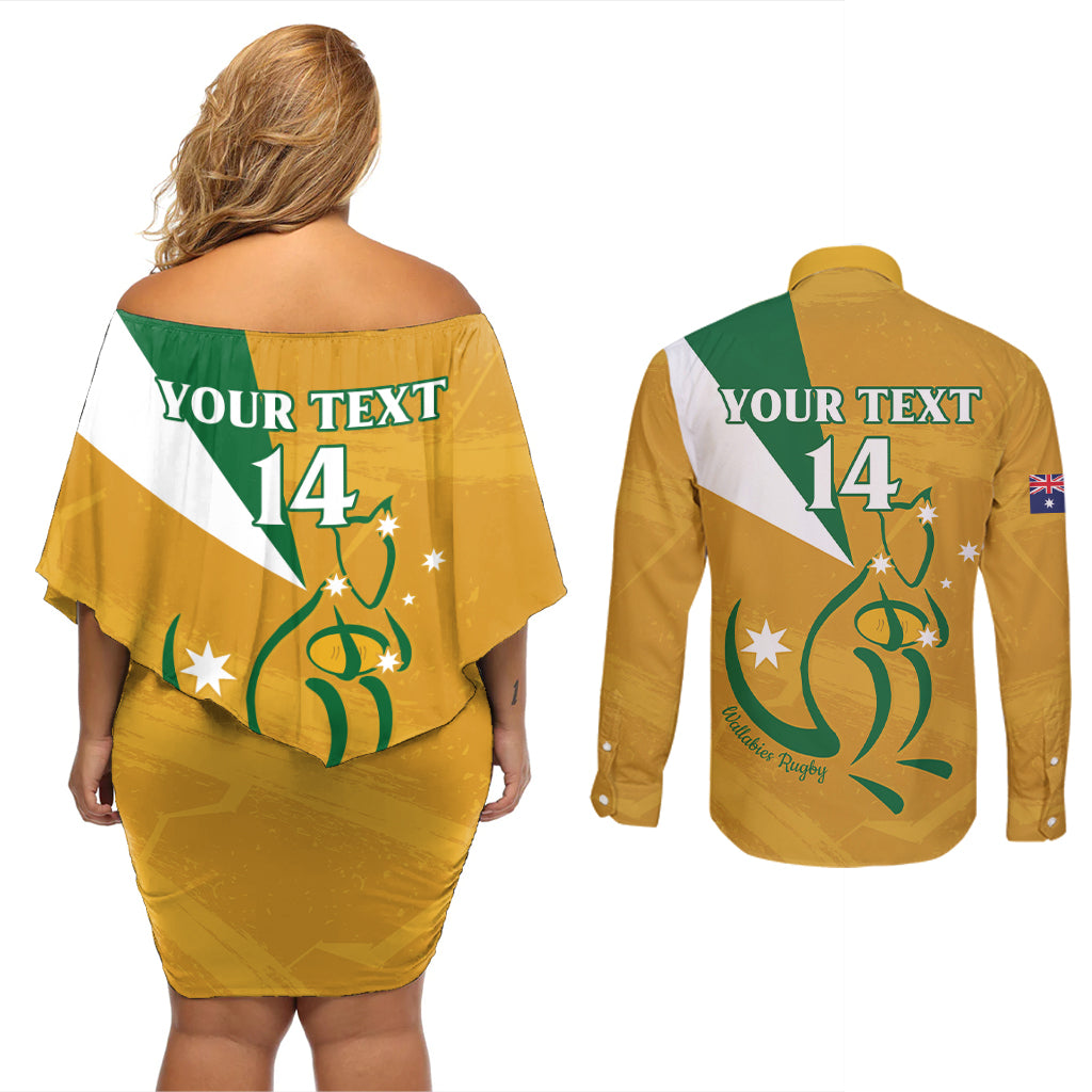 Custom Australia Rugby Couples Matching Off Shoulder Short Dress and Long Sleeve Button Shirt 2024 Wallabies Grunge Style