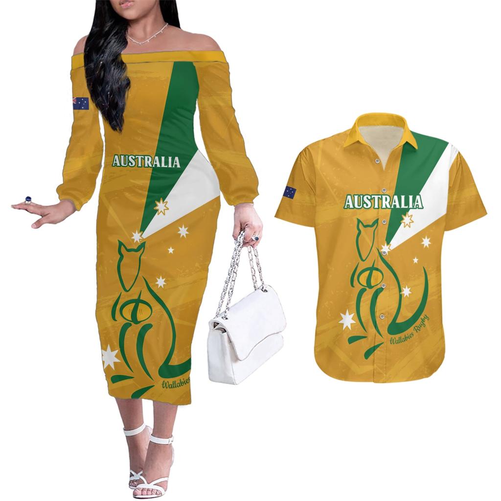 Custom Australia Rugby Couples Matching Off The Shoulder Long Sleeve Dress and Hawaiian Shirt 2024 Wallabies Grunge Style