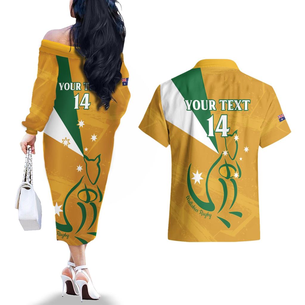 Custom Australia Rugby Couples Matching Off The Shoulder Long Sleeve Dress and Hawaiian Shirt 2024 Wallabies Grunge Style