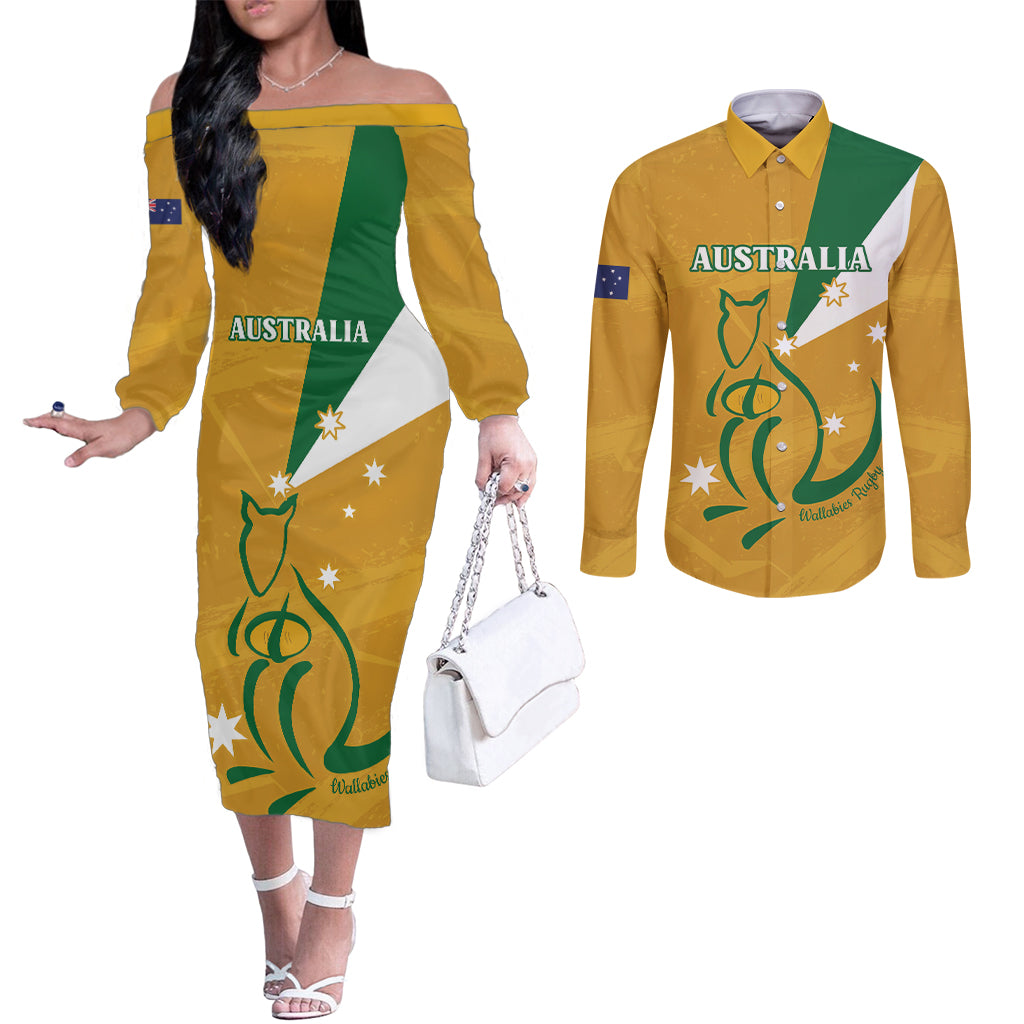 Custom Australia Rugby Couples Matching Off The Shoulder Long Sleeve Dress and Long Sleeve Button Shirt 2024 Wallabies Grunge Style