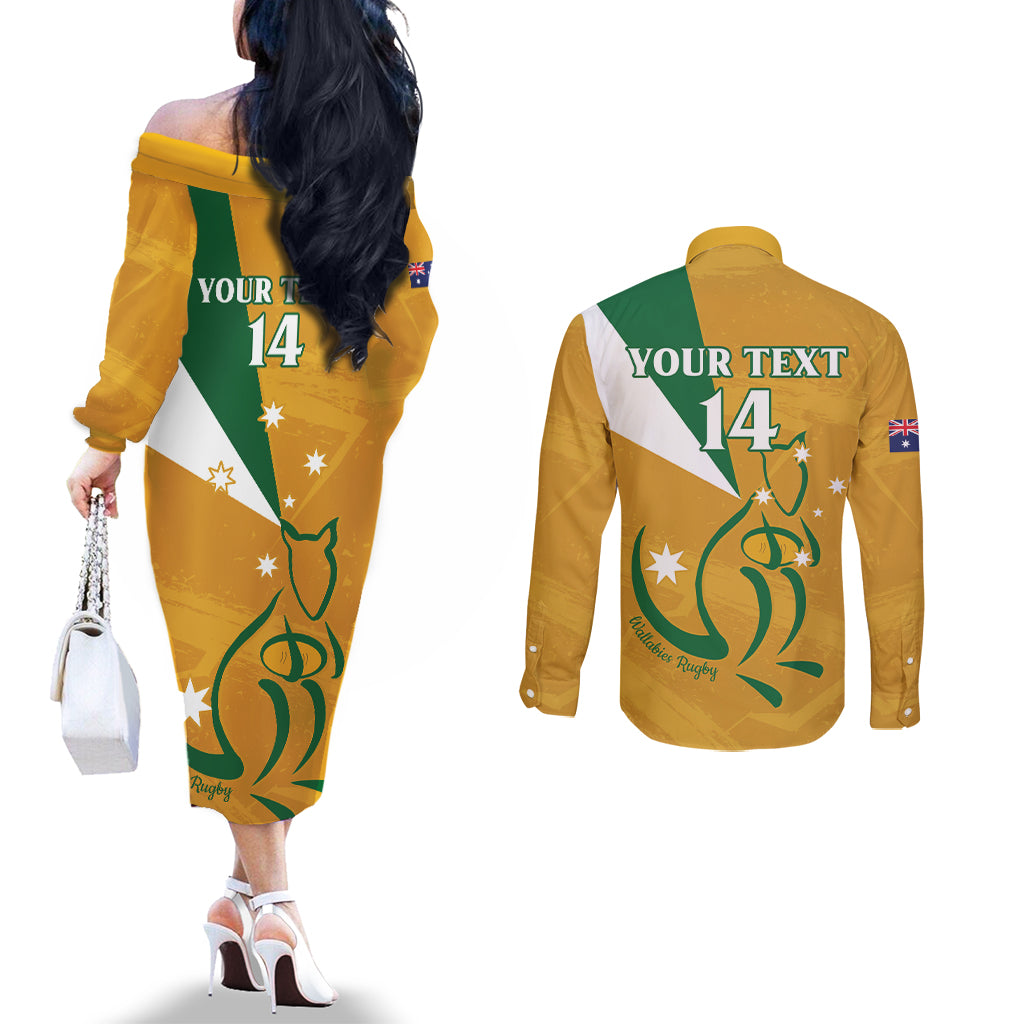 Custom Australia Rugby Couples Matching Off The Shoulder Long Sleeve Dress and Long Sleeve Button Shirt 2024 Wallabies Grunge Style
