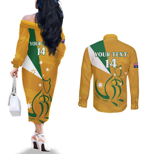 Custom Australia Rugby Couples Matching Off The Shoulder Long Sleeve Dress and Long Sleeve Button Shirt 2024 Wallabies Grunge Style