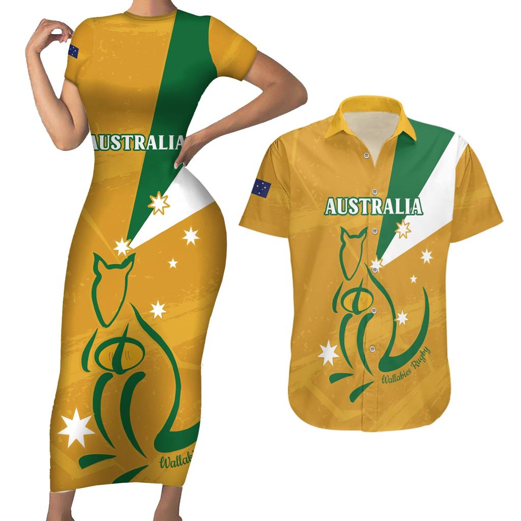 Custom Australia Rugby Couples Matching Short Sleeve Bodycon Dress and Hawaiian Shirt 2024 Wallabies Grunge Style